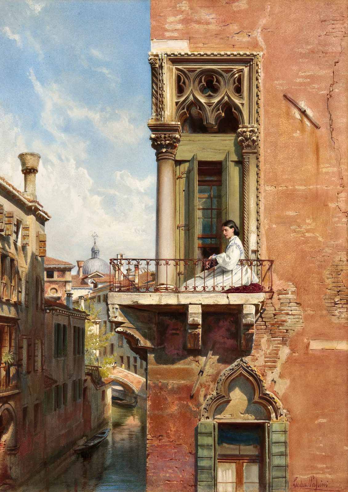 Anna Passini by Ludwig Passini, 1866. A young woman in a white dress sits on the wrought iron balcony of a Gothic Venetian palazzo with a terracotta brick wall, above a narrow canal, with roofs, a dome and blue sky behind.