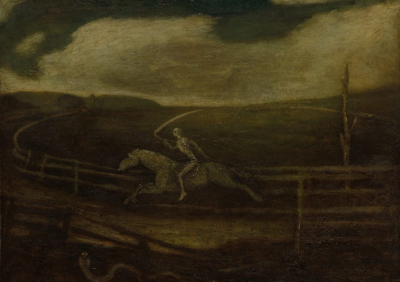 The Race Track, or Death on a Pale Horse, by Albert Pinkham Ryder. A skeleton holding a scythe rides a pale horse around an empty race track under a dark, stormy sky, with a snake in the foreground.