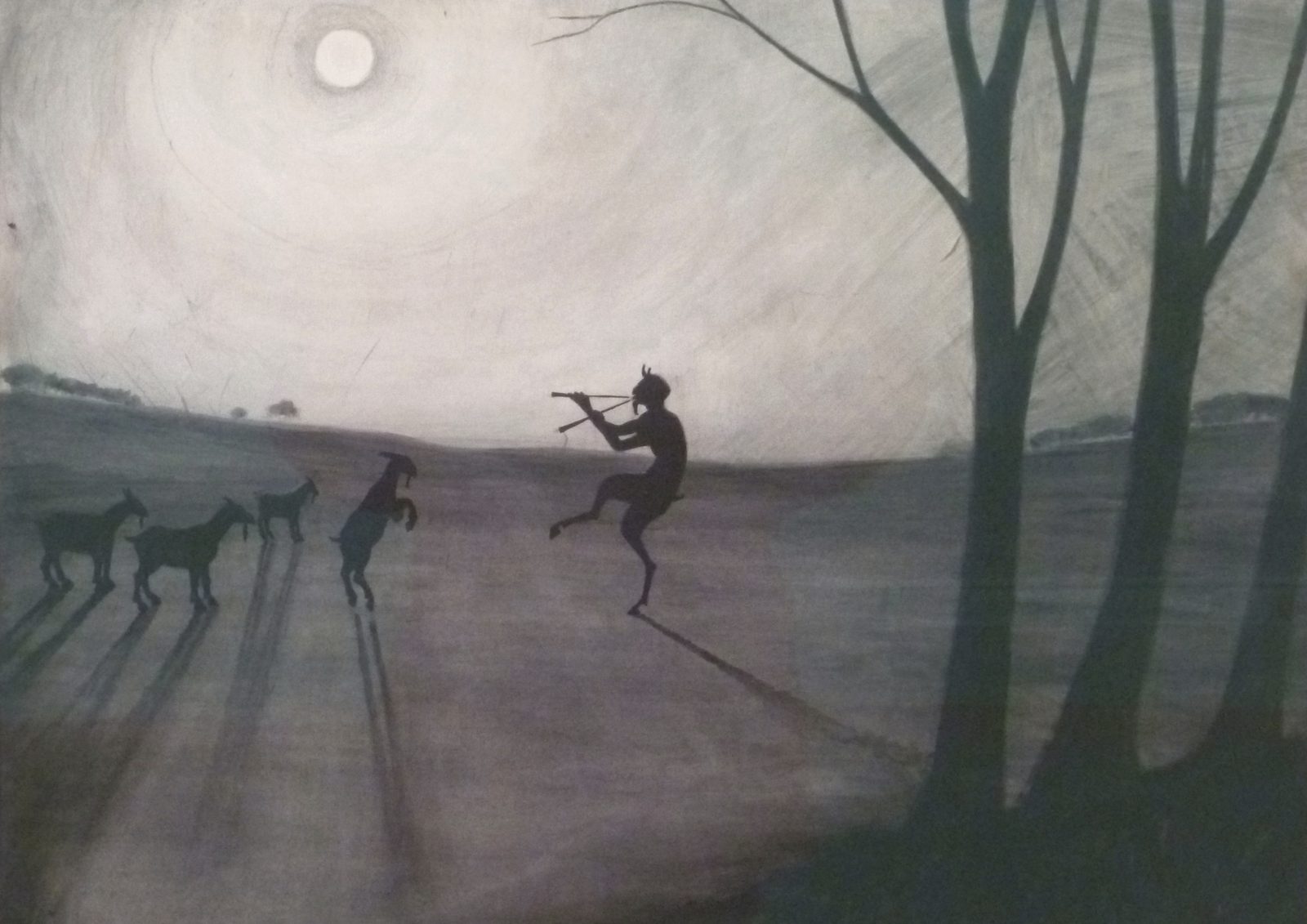 Faun by Moonlight by Léon Spilliaert, 1900. A horned faun silhouetted against a pale full moon dances and plays pipes while goats rear up in a misty field beside bare trees, in charcoal, mauve and slate green.