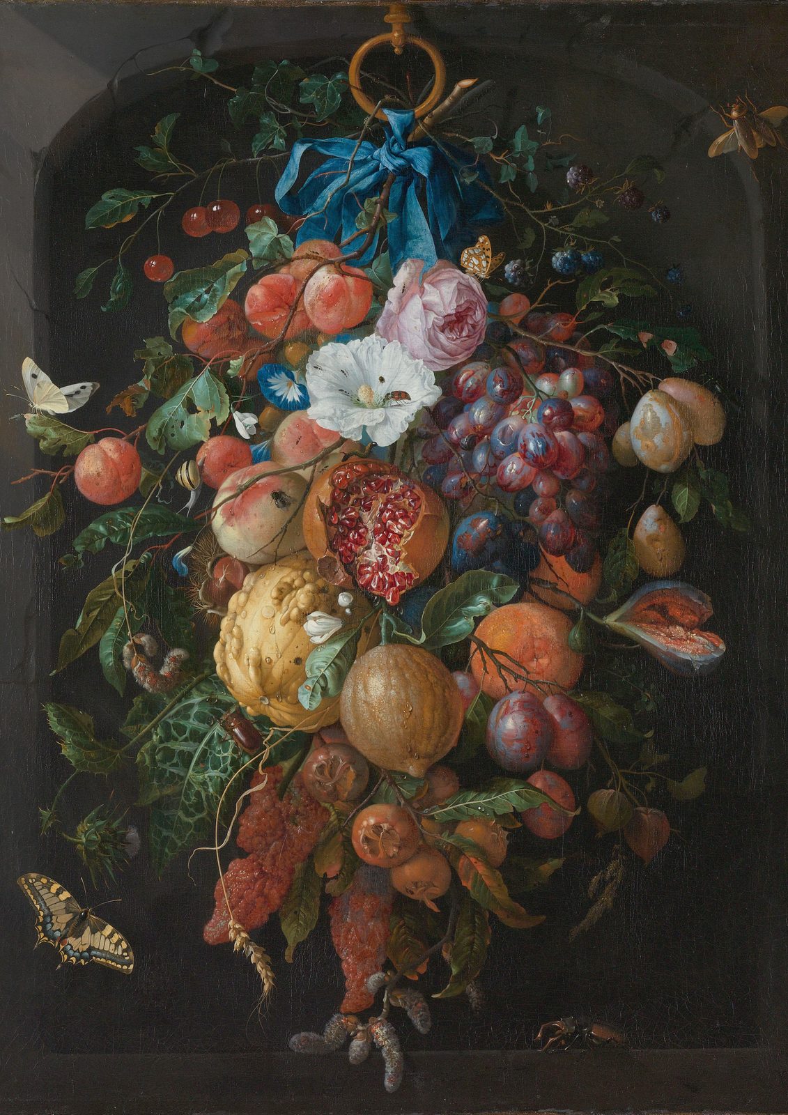 Festoon of Fruit and Flowers by Jan Davidsz de Heem, 1660 to 1670. A garland of grapes, lemons, plums, a split pomegranate and roses hangs from a gold ring and blue ribbon in a dark stone niche, with butterflies at the edges.