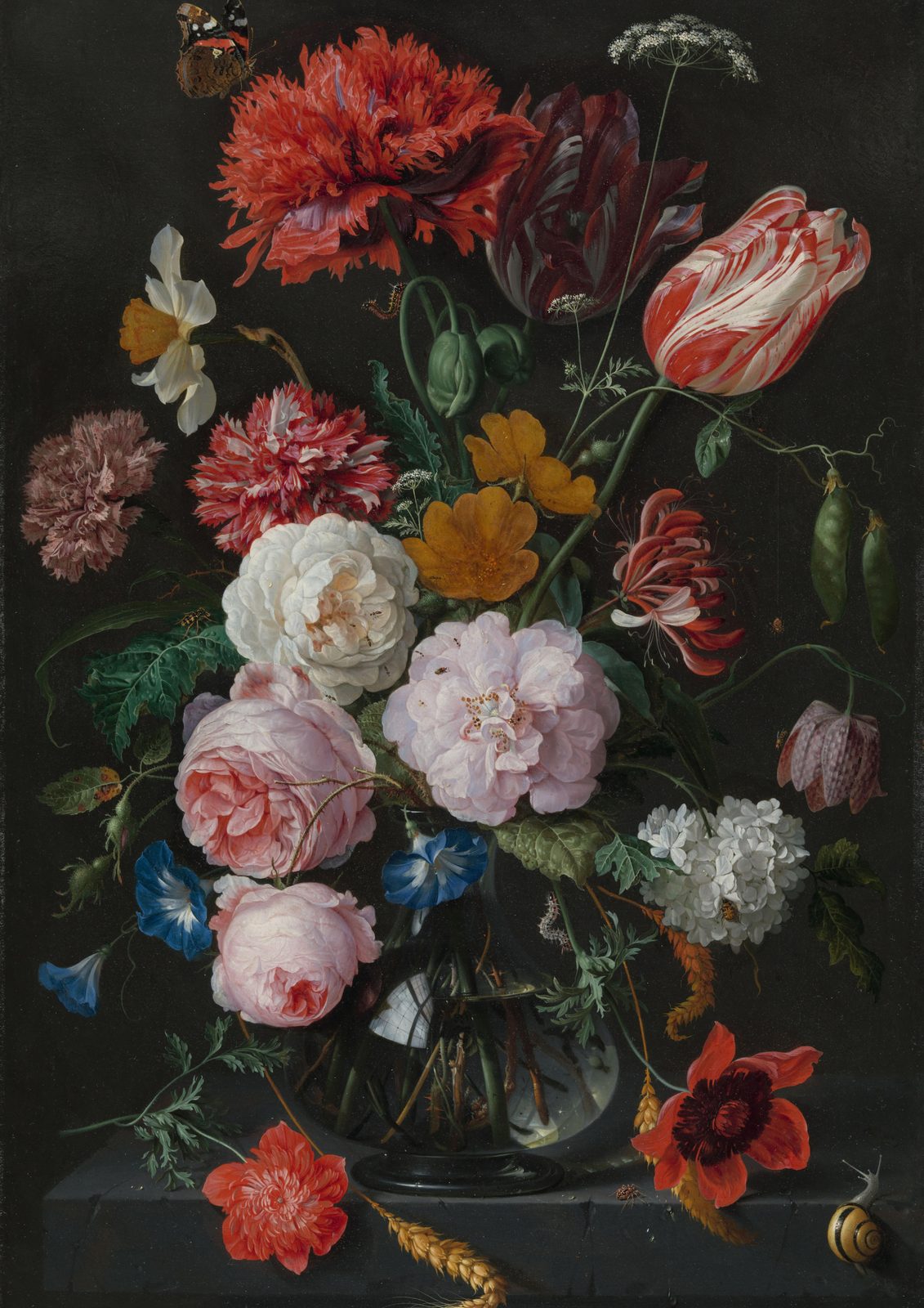 Still Life with Flowers in a Glass Vase by Jan Davidsz. de Heem. A lavish bouquet of flowers in a glass vase glows against a dark background, with a snail and insects among the stems.