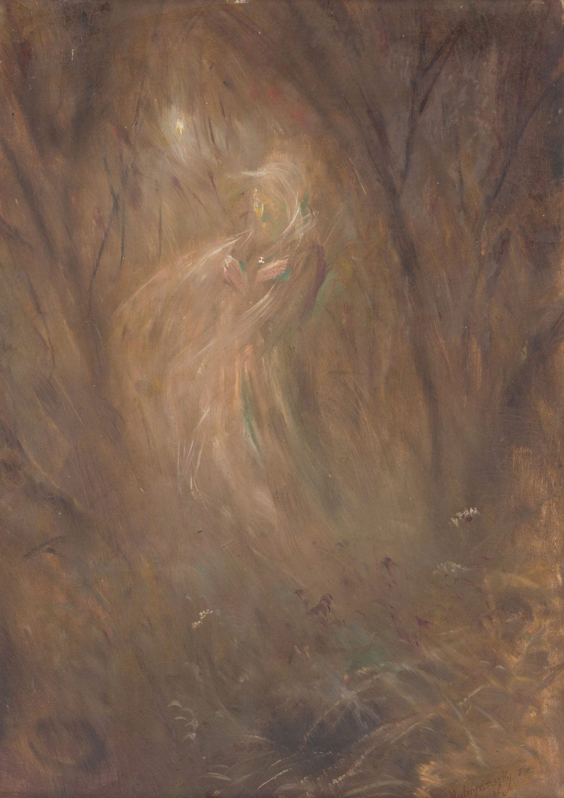 Forest Ghost by László Mednyánszky, 1890s. A pale ghostly figure drifts between dark trees in a twilight forest.