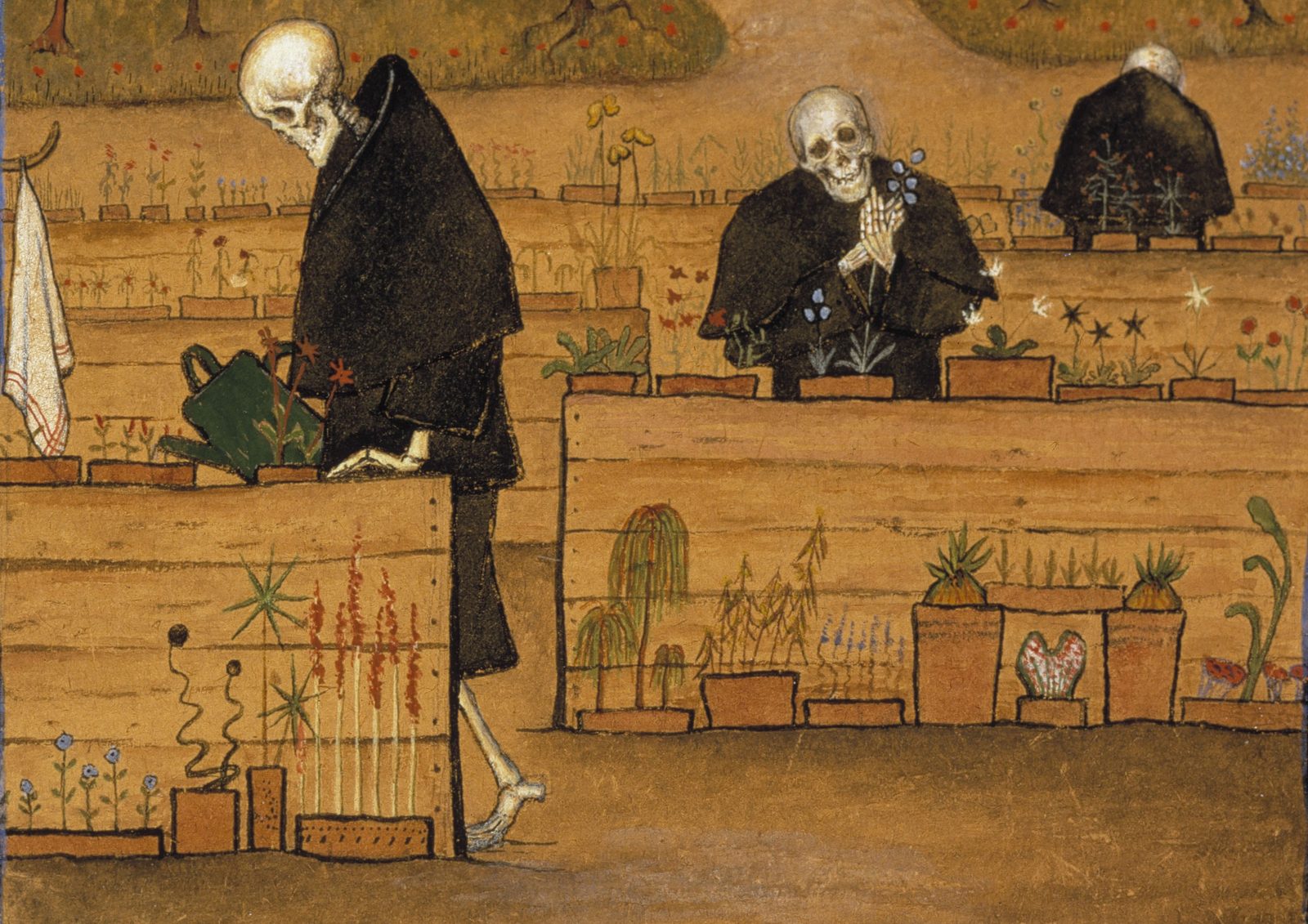 The Garden of Death by Hugo Simberg, 1896. Three skeletal figures of Death in black robes tend potted plants and flower beds in a walled garden.