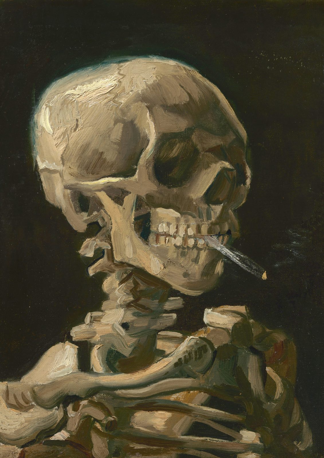 Head of a Skeleton with a Burning Cigarette by Vincent van Gogh, 1886. An ivory skeleton's skull and shoulders against a dark brown background, with a lit cigarette held between its teeth.