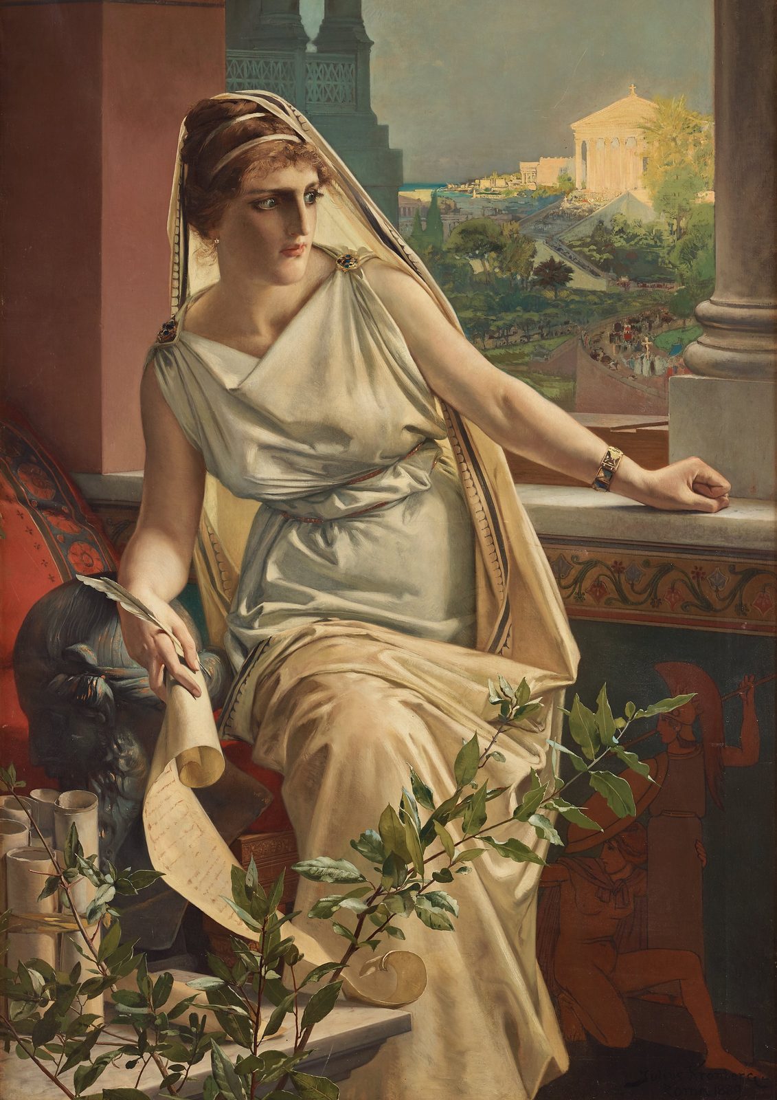 Hypatia by Julius Kronberg, 1889. A woman in an ivory gown and veil sits on a terrace with a scroll across her knees and a leafy branch beside her, looking over her shoulder, with a temple and green gardens behind.