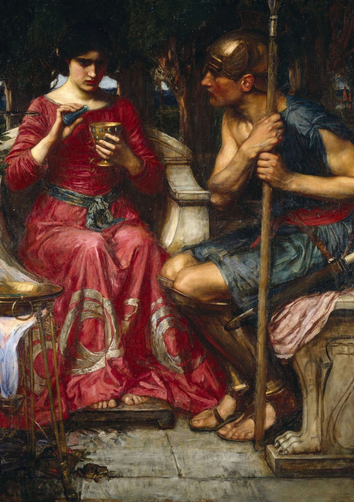 Jason and Medea by John William Waterhouse, 1907. The sorceress Medea in a red robe pours a potion into a glass phial while Jason stands behind her in shadow.