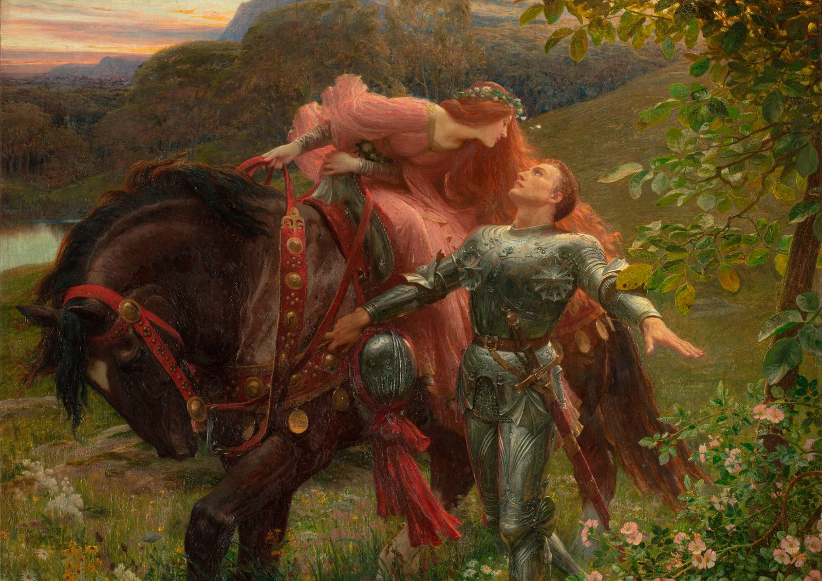 La Belle Dame sans Merci by Frank Dicksee, 1902. A knight in armour on horseback leans down towards a mysterious woman with flowing hair in an autumn wood.