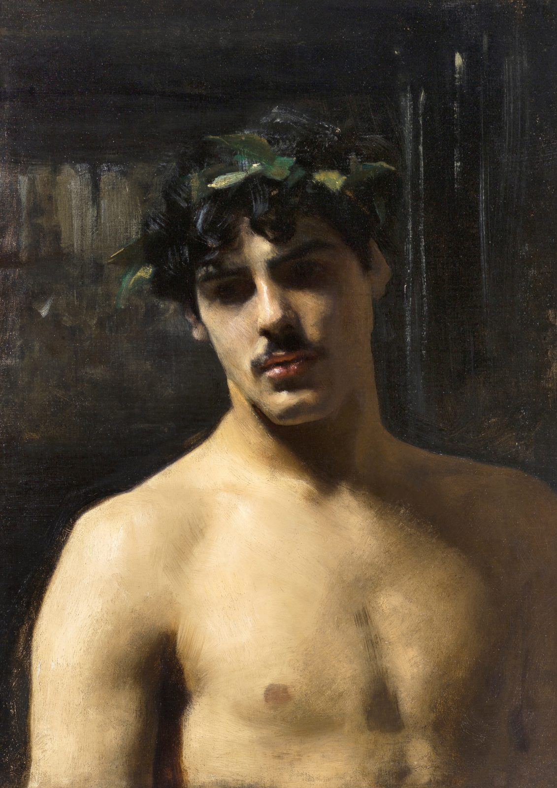Man Wearing Laurels by John Singer Sargent, late 1870s. Head and shoulders portrait of a young man wearing a laurel wreath against a dark background.