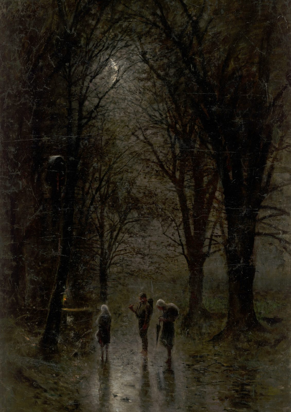 Night Travellers at a Cross by László Mednyánszky, around 1880. Small figures pause at a wayside cross beneath tall dark trees in a forest lit by pale moonlight.