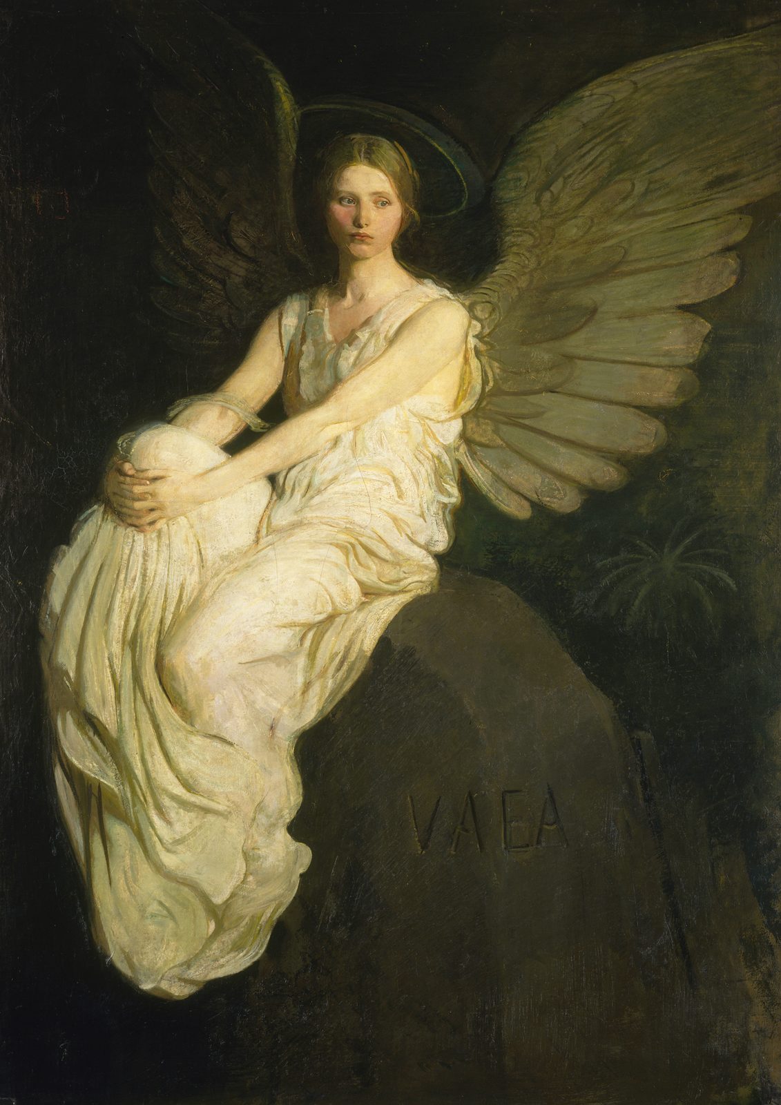 Stevenson Memorial by Abbott Handerson Thayer, 1903. A winged angel in white sits on a rock carved with the word VAEA.