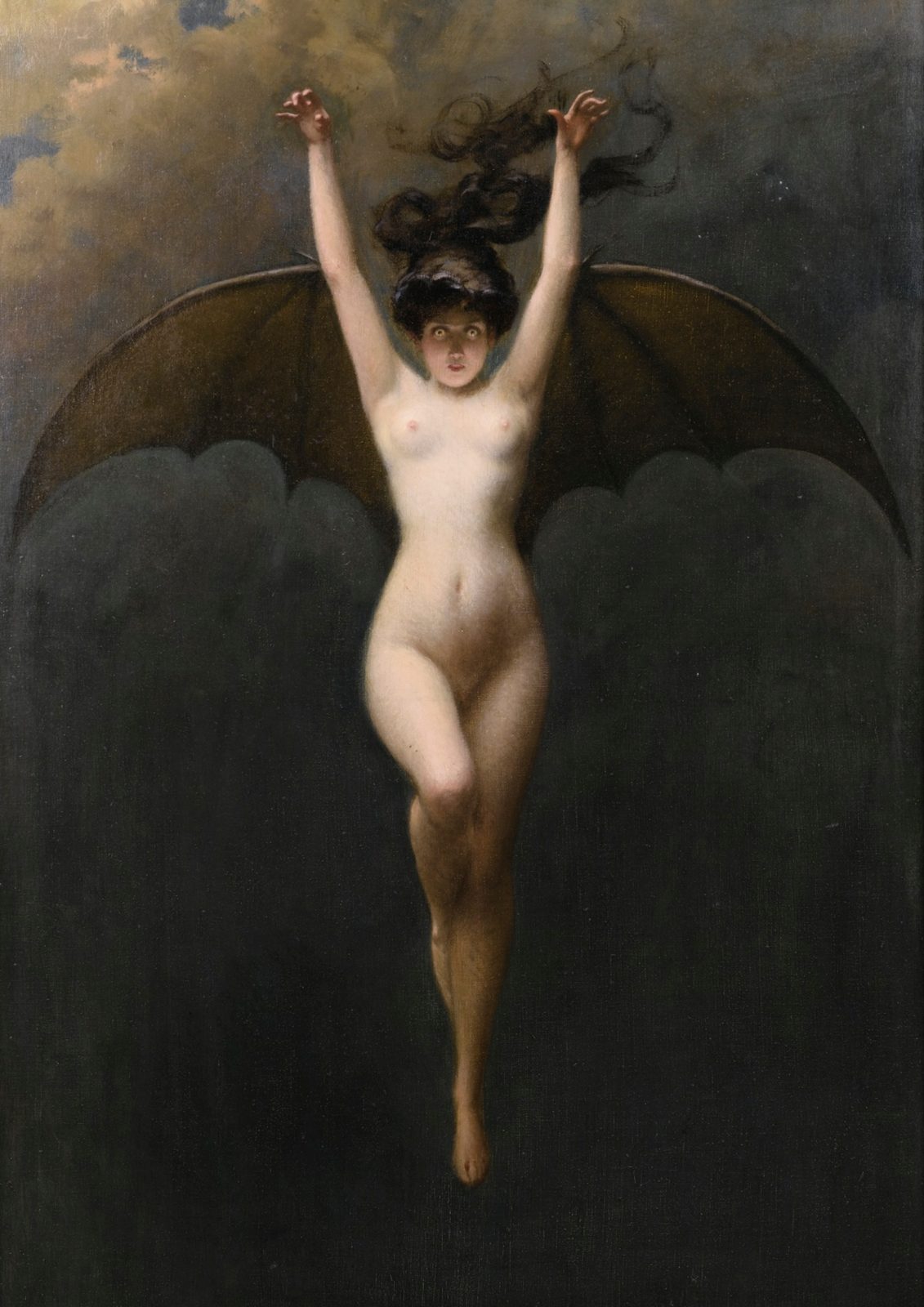 The Bat Woman by Albert Joseph Penot, around 1890. A pale woman with enormous black bat wings spread wide hovers against a dark night sky.