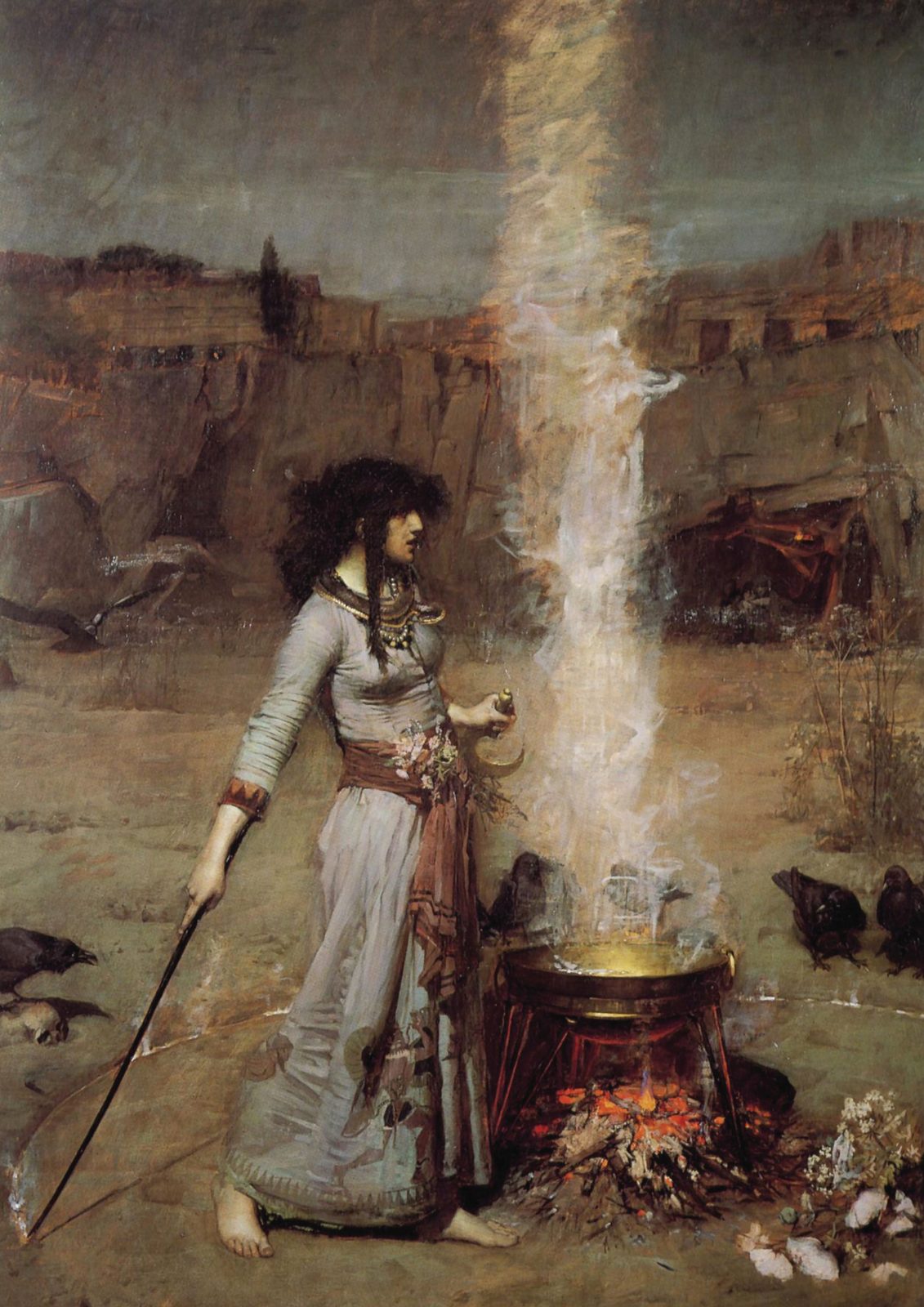 The Magic Circle by John William Waterhouse, 1886. A sorceress in a patterned robe draws a circle of fire around herself with a wand while ravens and a toad wait outside the circle.