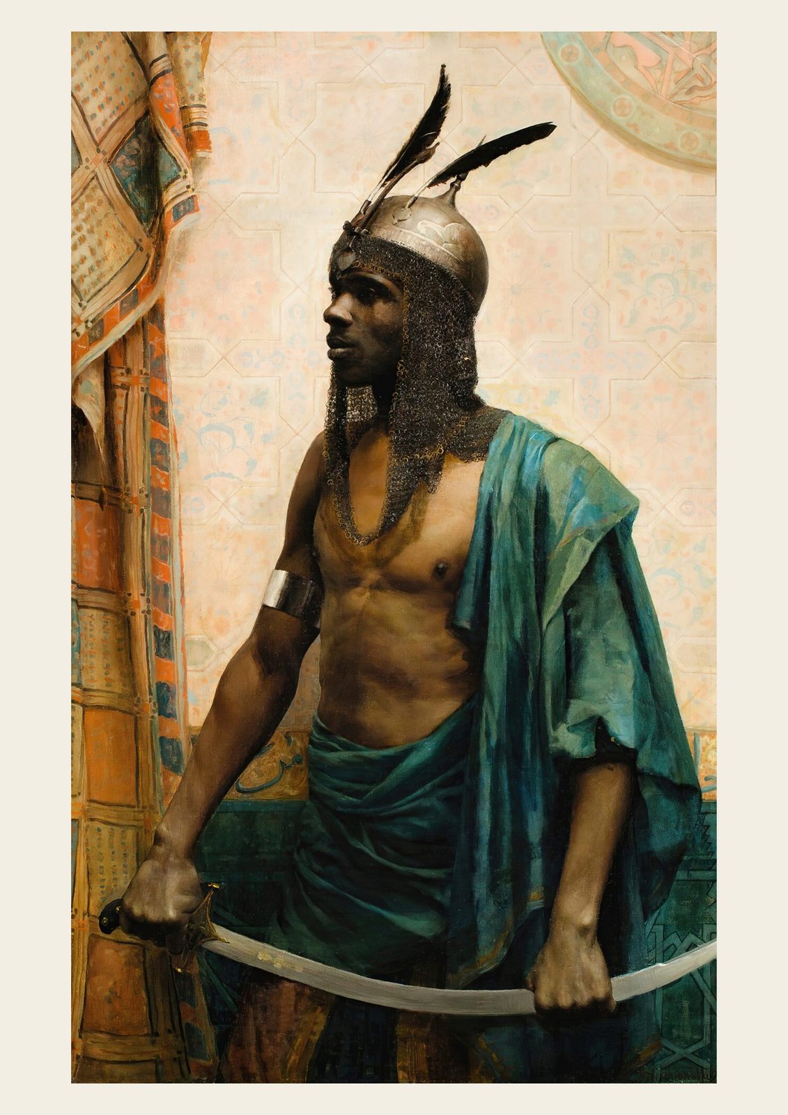 The Nubian Guard by Charles Knighton Warren, 1883. A guard in a feathered steel helmet with a chainmail veil and a sea green cloak holds a long curved sword in both hands before a patterned tiled wall and carpet, on an off-white border.