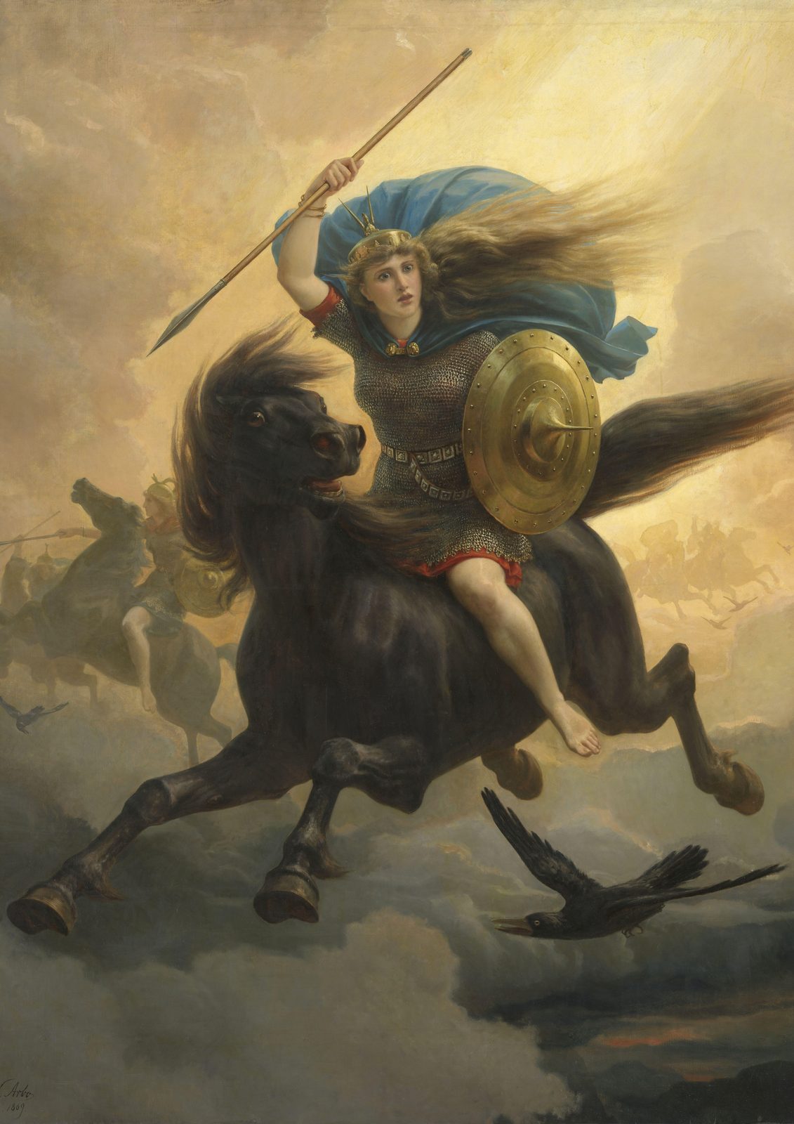 The Valkyrie by Peter Nicolai Arbo, 1869. A barefoot warrior woman in chain mail with a blue cloak and gold shield raises a spear as she rides a galloping black horse through golden storm clouds, with a raven below.