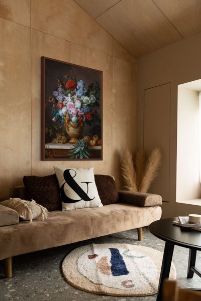 Still Life with Flowers in an Alabaster Vase and Fruit by Anne Vallayer-Coster as a framed print in a living room