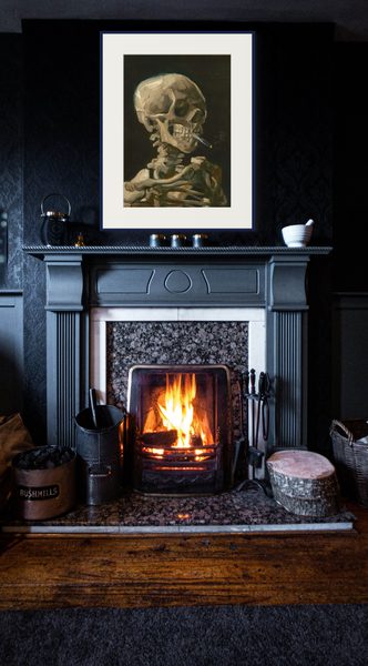 Head of a Skeleton with a Burning Cigarette by Vincent van Gogh as a framed print in a living room