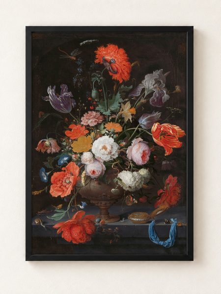 Still Life with Flowers and a Watch by Abraham Mignon as a framed print on a plain wall
