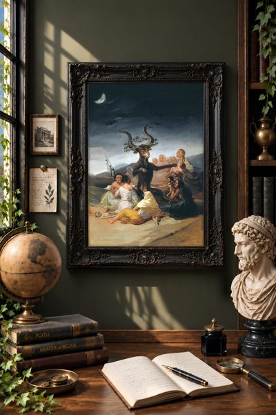 Witches' Sabbath by Francisco de Goya as a framed print in a study